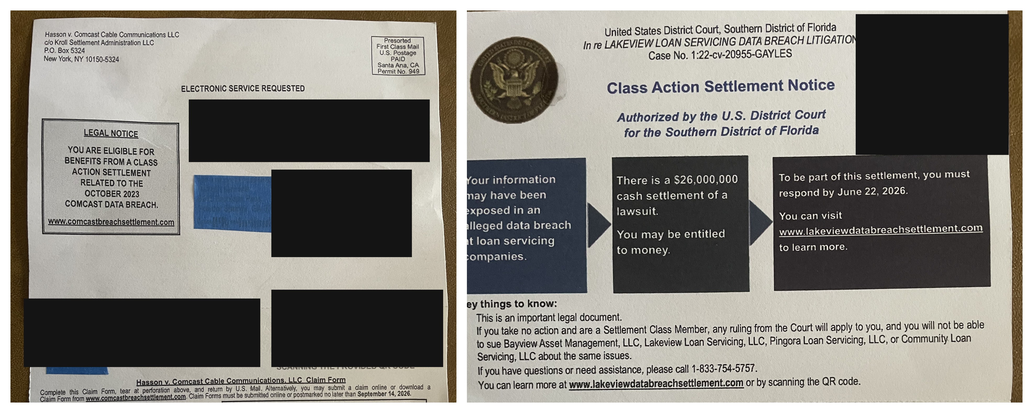 Two data-breach class-action settlement postcards — Comcast and Lakeview Loan Servicing — with personal details redacted